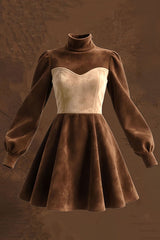 Suede Color-blocked Turtleneck Long-sleeved Mini Dress