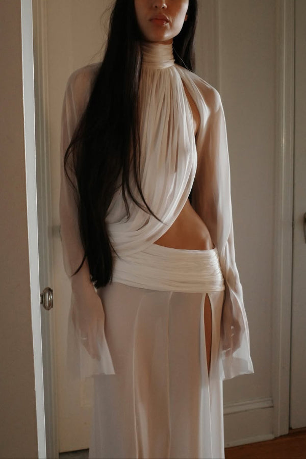 See-through High-neck Long-sleeved Draped Top and High-waisted Slit Maxi Skirt Vacation Set