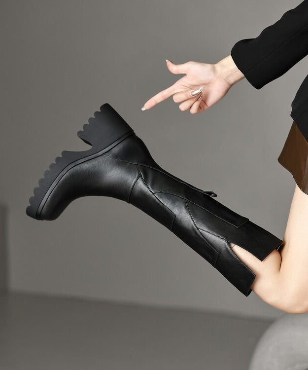 Brown Boots Chunky Cowhide Leather Splicing Zippered