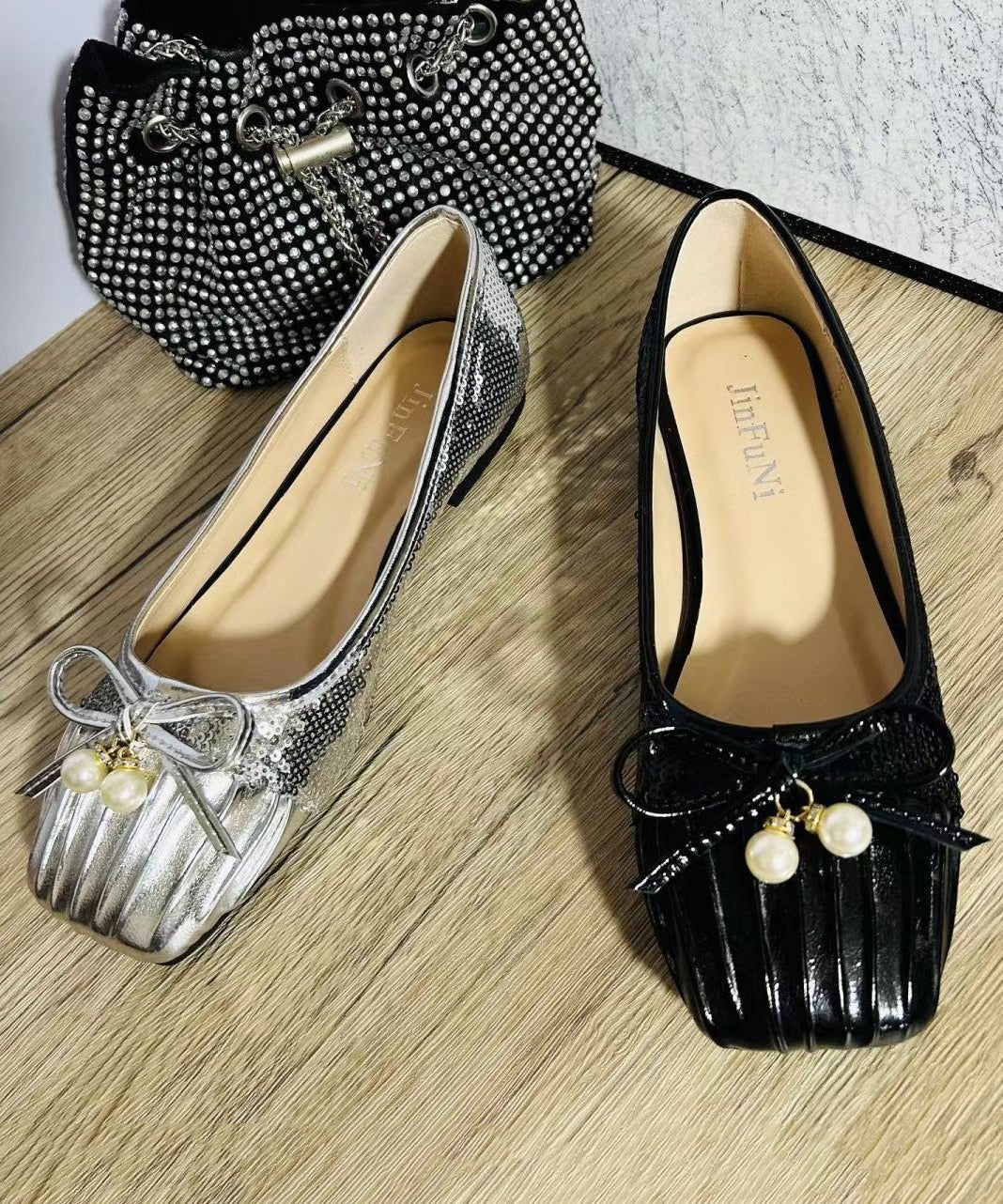 Pearl Bow Wrinkled Square Head Flats Shoes
