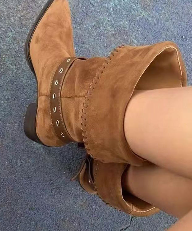 Coffee Suede Splicing Chunky Boots Pointed Toe