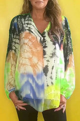 Gradient Tie-dye V-neck Long-sleeved Casual Shirt