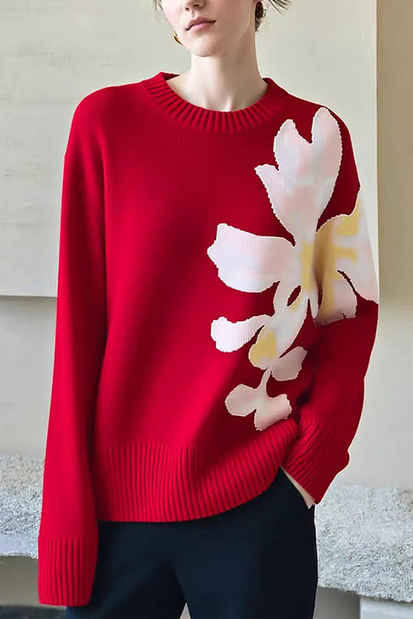 Color-blocked Floral Loose Long-sleeved Knit Sweater