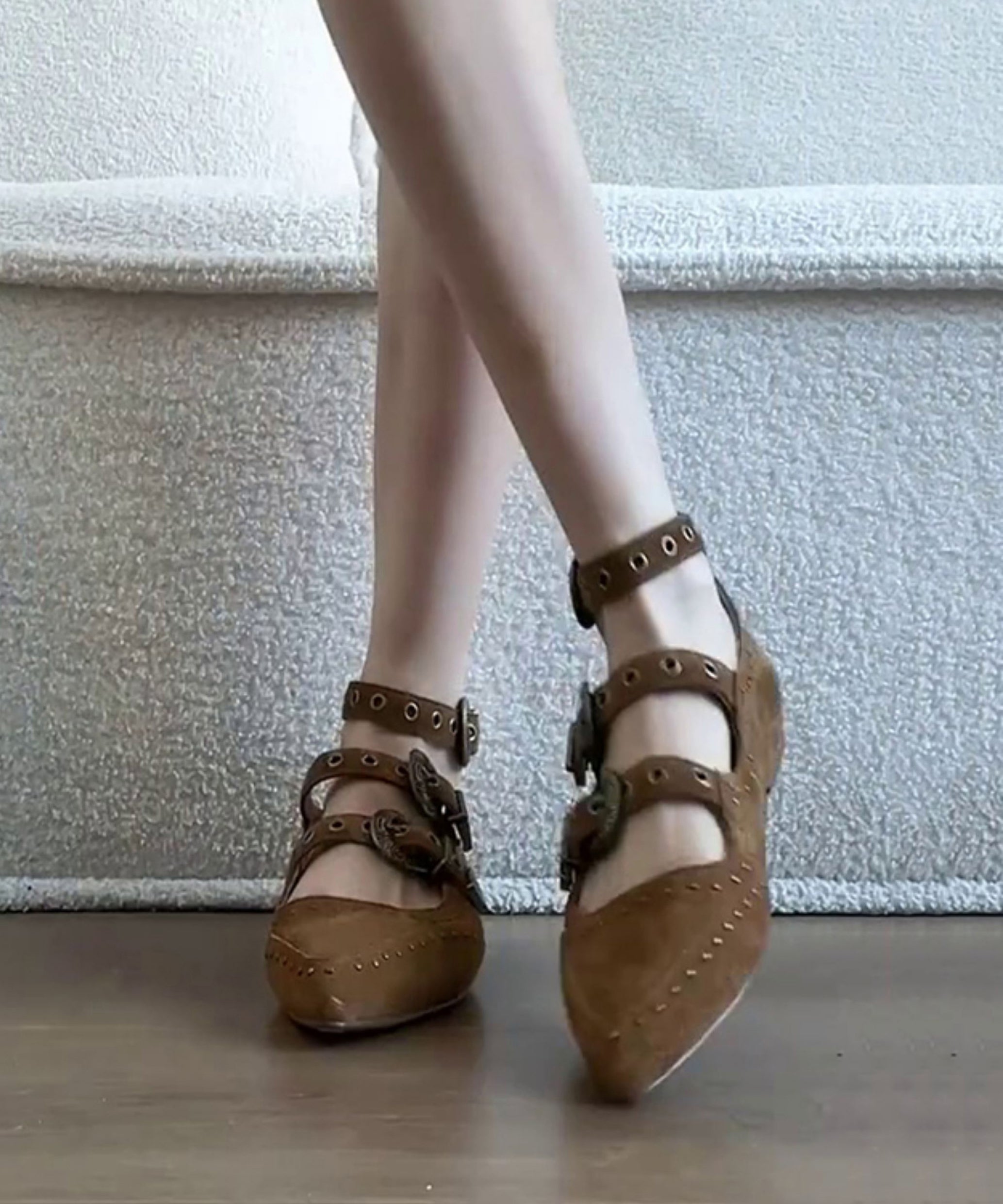 Brown Wedge Heels Shoes Suede Boutique Splicing Buckle Strap Rivet