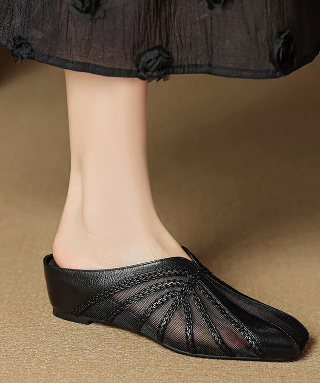 Black Wedge Sheepskin Art Splicing Tulle Slide Sandals