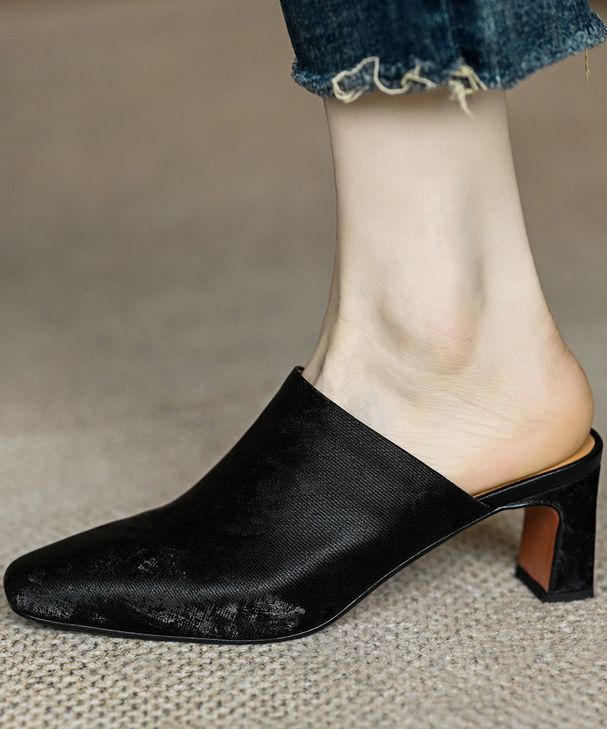 French Brown Satin Cowhide Leather Chunky Heel Slide Sandals