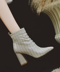 Classy Grey Zippered Splicing Chunky Heel Boots Pointed Toe