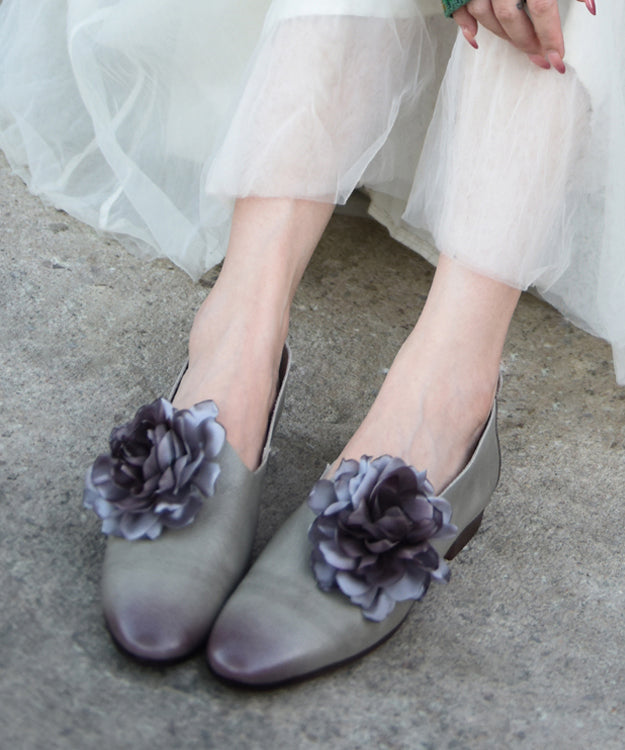 Handmade Grey Cowhide Leather Splicing Floral Flat Shoes