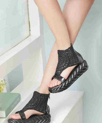 Simple Faux Leather Splicing Platform Sandals Black Knit Fabric