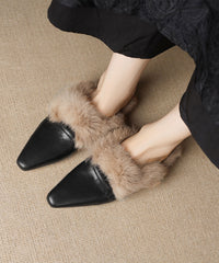Black Cowhide Leather Comfy Splicing Flats Fuzzy Wool Lined