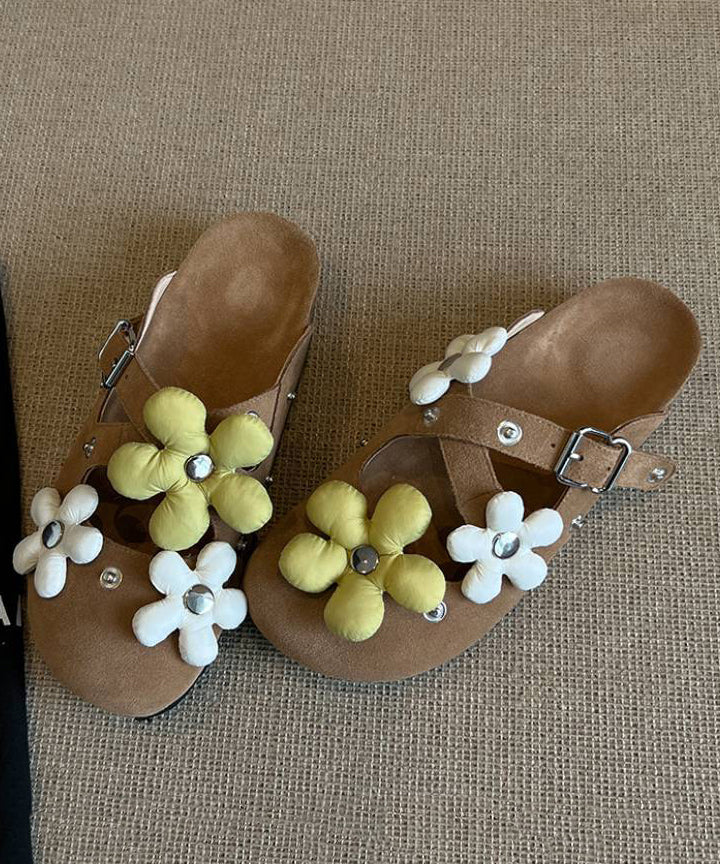 Dark Grey Suede Floral Rivet Splicing Stylish Slide Sandals