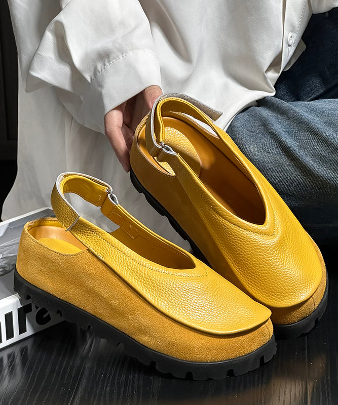 Boho Splicing Platform Flats Yellow Cowhide Leather