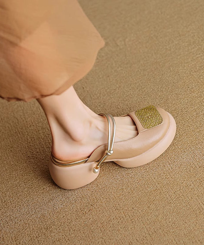 Apricot Chunky Heel Faux Leather Splicing New Slide Sandals