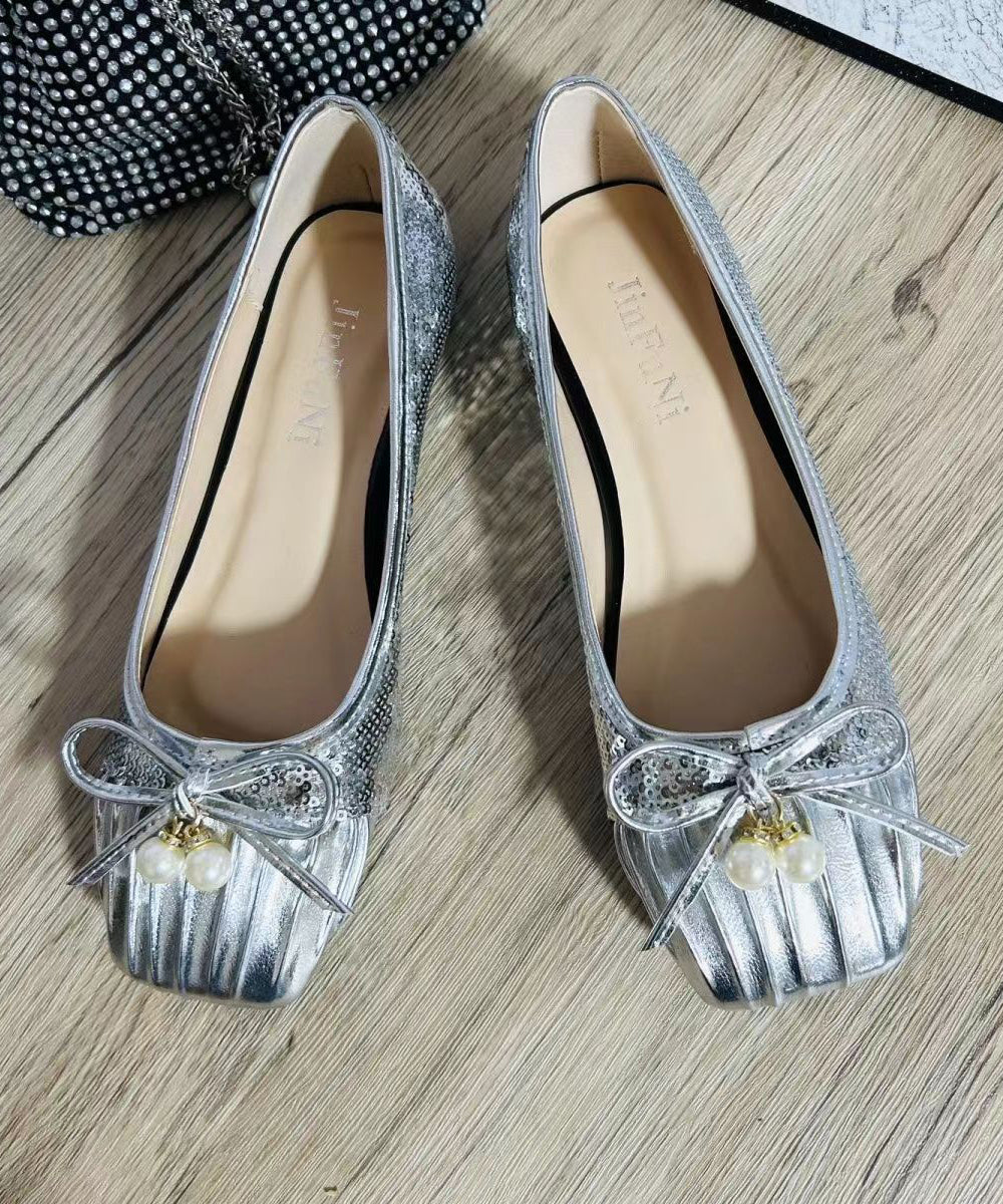Pearl Bow Wrinkled Square Head Flats Shoes
