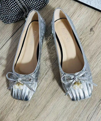 Pearl Bow Wrinkled Square Head Flats Shoes