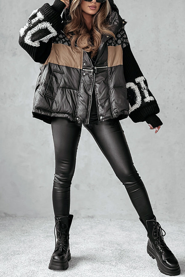 Denim Knit Long-sleeved Patchwork Hooded Pocket Thickened Jacket