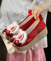 Vintage Red Nail Bead Platform Embroidery Shoes