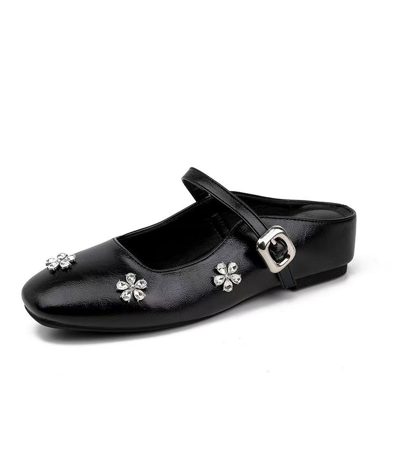 Boutique Splicing Wedge Black Faux Leather Slide Sandals Zircon
