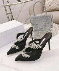 Rose Stiletto Satin Zircon Slide Sandals Pointed Toe