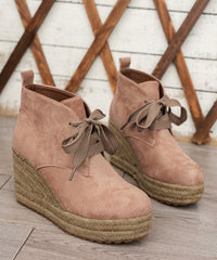 Comfortable Lace Up Wedge Straw Woven Boots Pink Suede