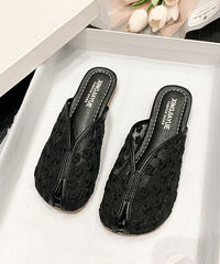 Black Tulle Slide Sandals Hollow Out Embroidery Splicing