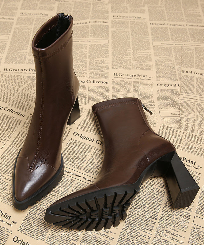 Handmade Splicing Chunky Heels Boots Brown Cowhide Leather