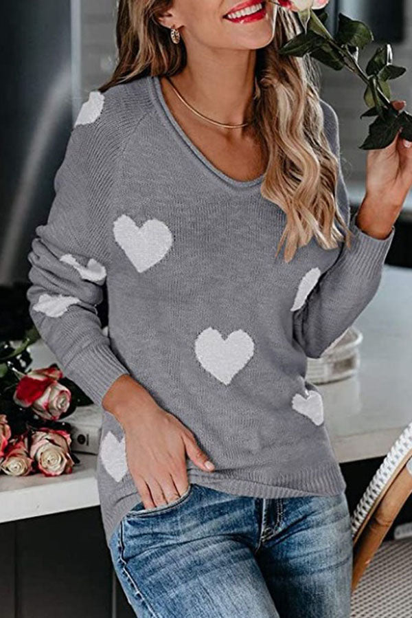 Color-blocked Heart-patterned Long-sleeved Loose Knit Sweater