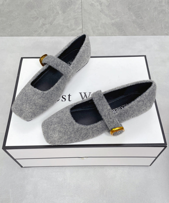 French Grey Fuzzy Fur Fluffy Soft Splicing Flat Feet Shoes Buckle Strap