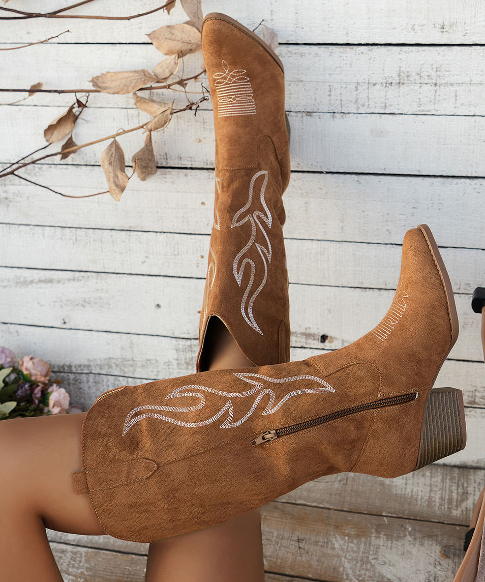 Vintage Brown Pointed Toe Zippered Splicing Suede Middle Boots