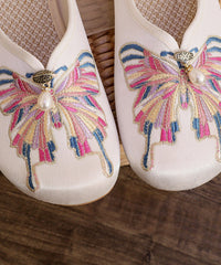White Flat Slide Sandals Cotton Fabric Soft Splicing Embroideried