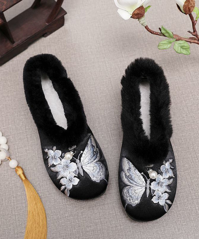 Red Fuzzy Wool Lined Embroidery Flats Shoes