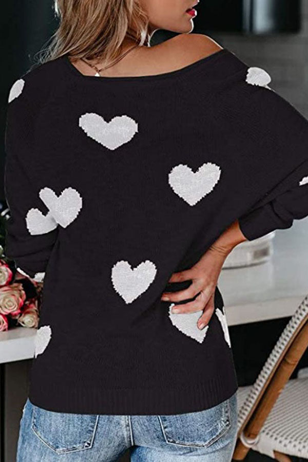 Color-blocked Heart-patterned Long-sleeved Loose Knit Sweater