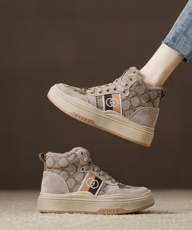 Khaki Suede Splicing High Top Board Shoes Lace Up