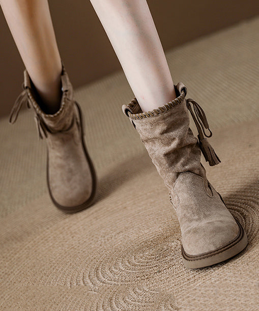 Women Khaki Suede Tassel Splicing Wrinkled Boots