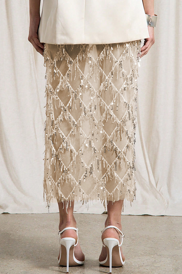See-through Sequined Tassel Midi Skirt