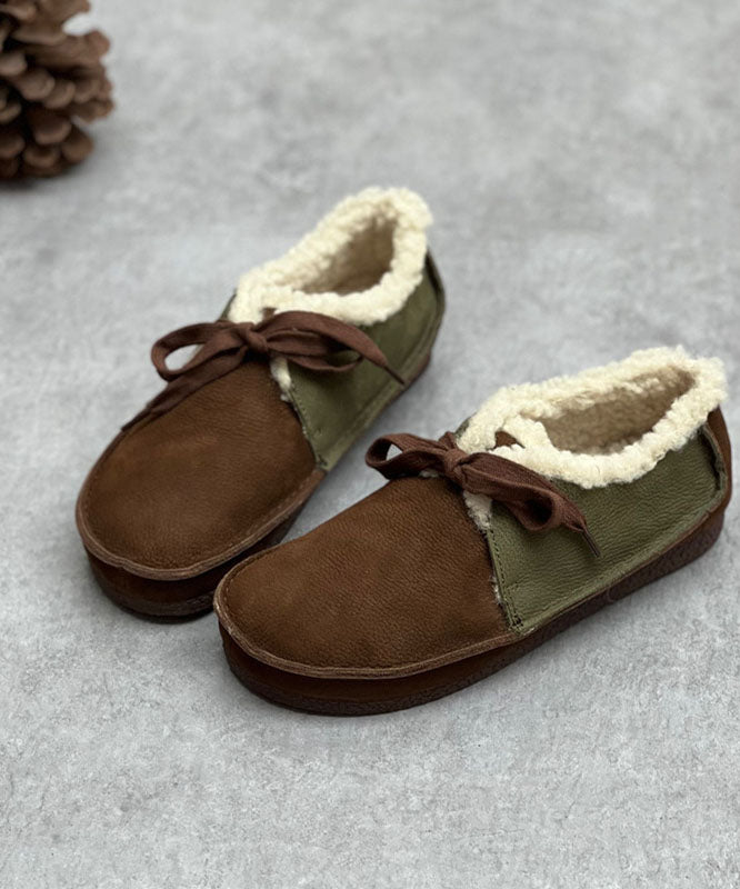 Coffee Flat Shoes For Lace Up Fuzzy Wool Lined Flat Shoes For Women