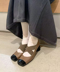 Handmade Square Toe Black Chunky Heel Cross Strap Shoes