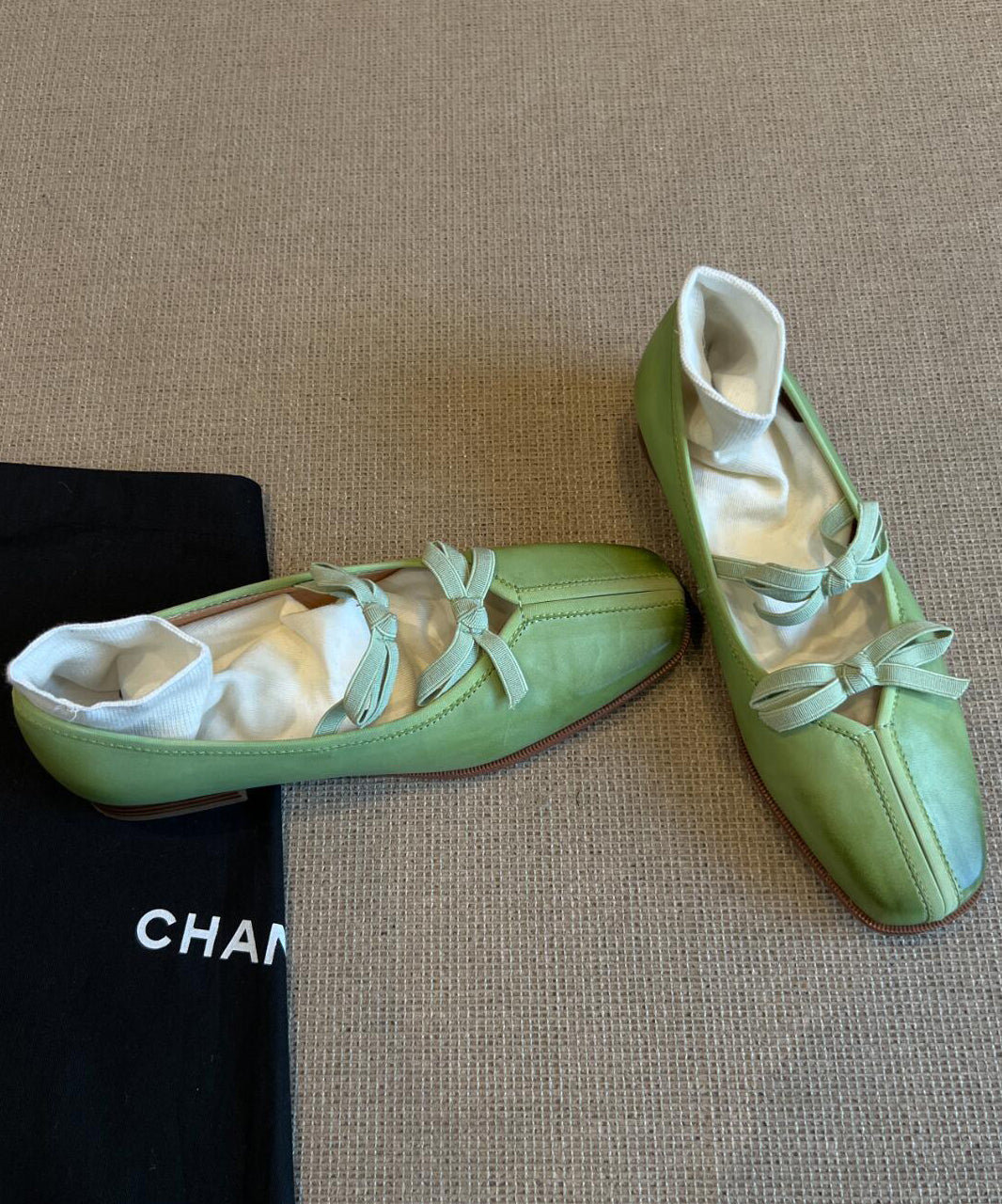 Fine Bow Splicing Comfy Flats Green Sheepskin