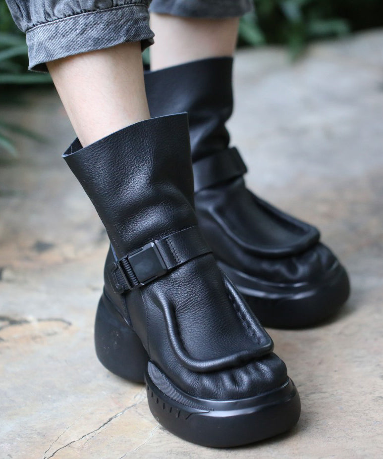 Black Cowhide Leather Boots Splicing Platform Boots