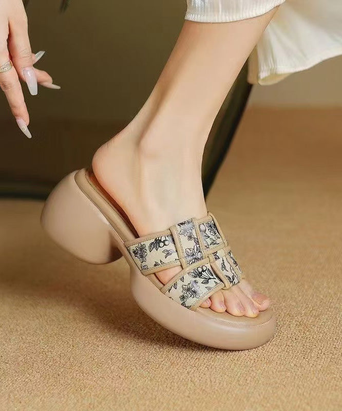 Apricot Cowhide Leather Splicing Chunky Heel Slide Sandals