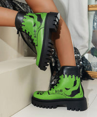 Green Lace Up Ankle Boots Chunky Faux Leather Splicing