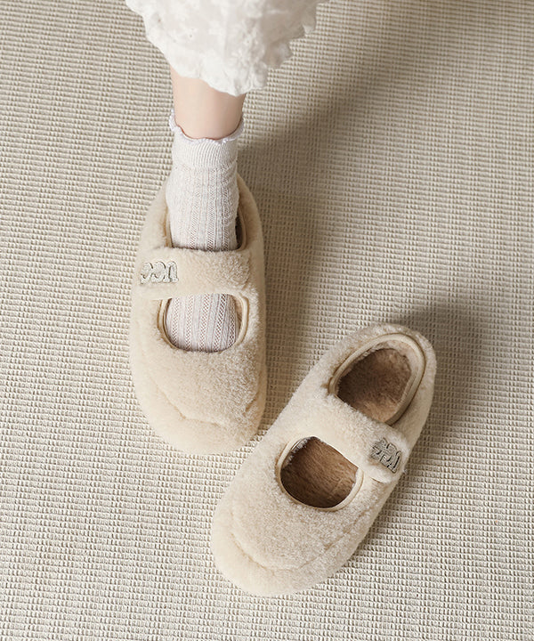 Beige Faux Fur Splicing Flat Shoes Fuzzy Wool Lined