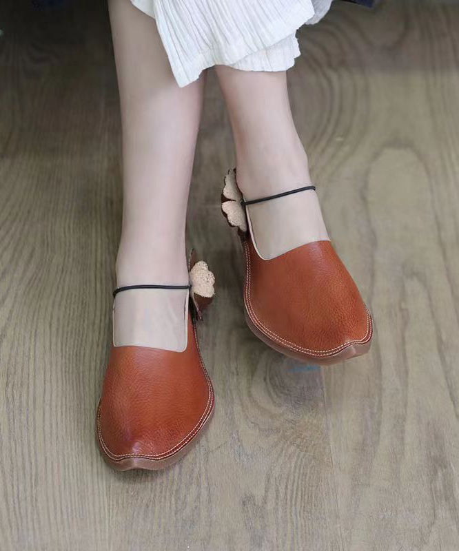 Handmade Retro Floral Flat Shoes For Brown Cowhide Leather