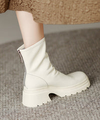 White Cowhide Leather Splicing Chic Chunky Boots