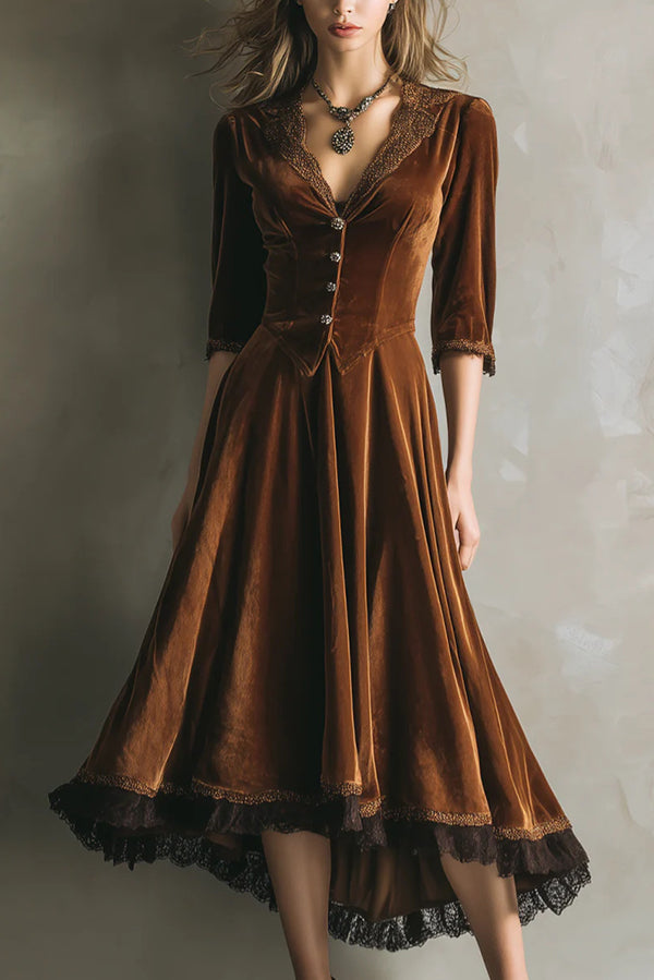 Velvet and Lace Patchwork V-neck Button Midi Dress