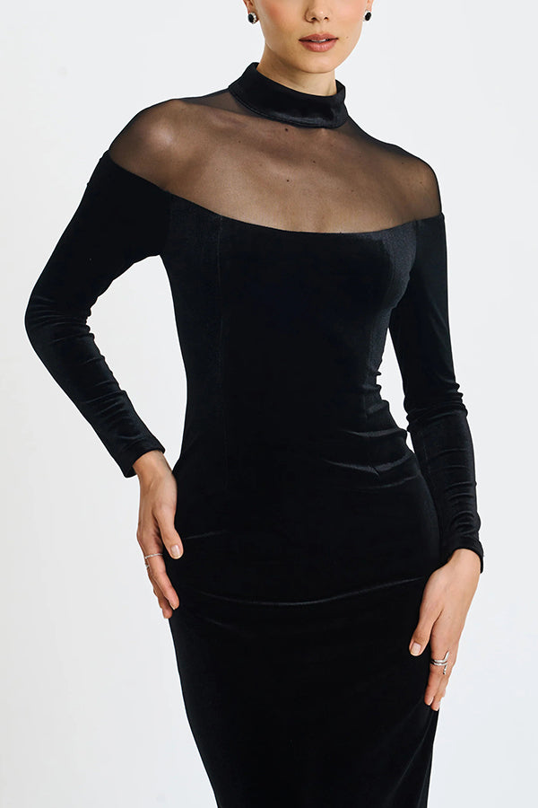 Velvet and Mesh Spliced long-sleeved Slim-fit Maxi Dress