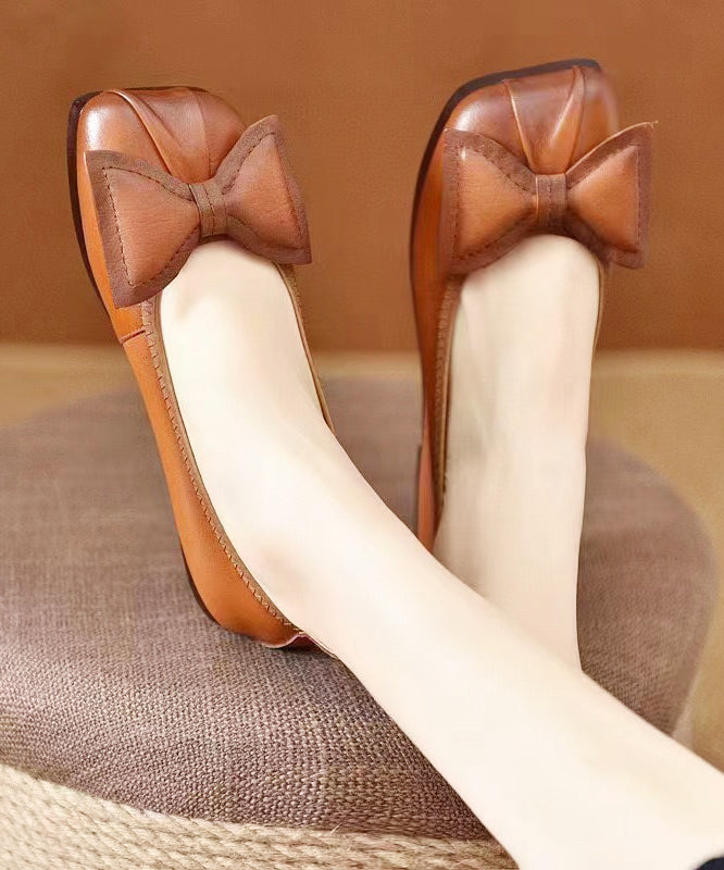 Green Bow Cowhide Leather Comfortable Flats Shoes