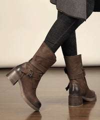 Retro Splicing Chunky Boots Brown Calf Fuzzy Wool Lined