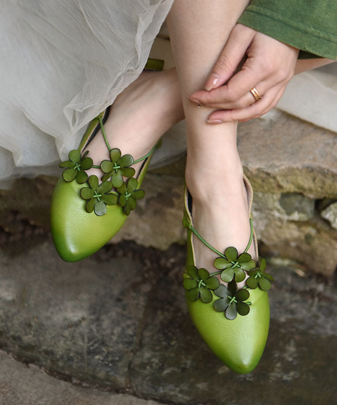 Floral Splicing Flat Shoes Pointed Toe Green Cowhide Leather