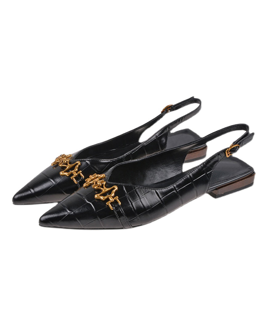 Sequined Splicing Sandals Black Cowhide Leather Pointed Toe